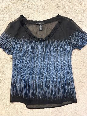 S apostrophe Blue Patterned Black Short-Sleeve Blouse